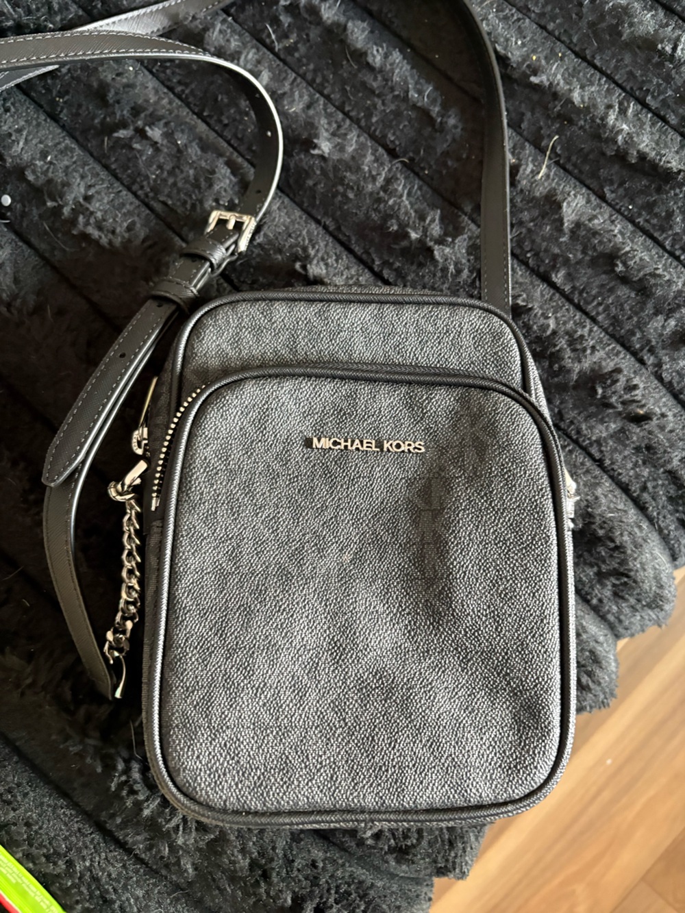Michael Kors Black Leather Crossbody Pouch with Silver Hardware